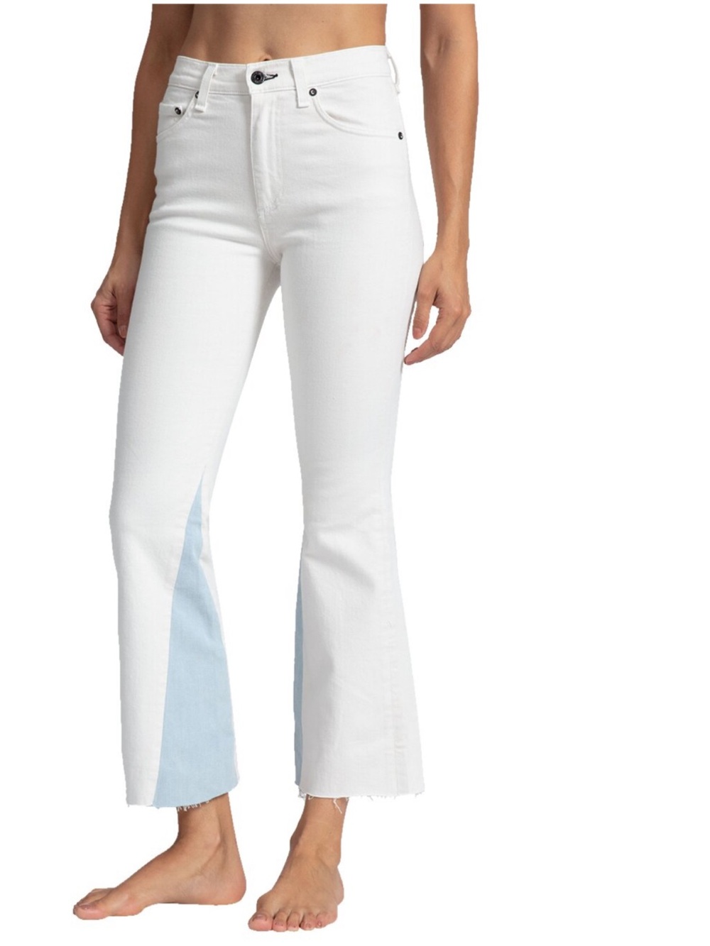 ASKK NY White High-Rise Flare Jeans with Light Blue Panels